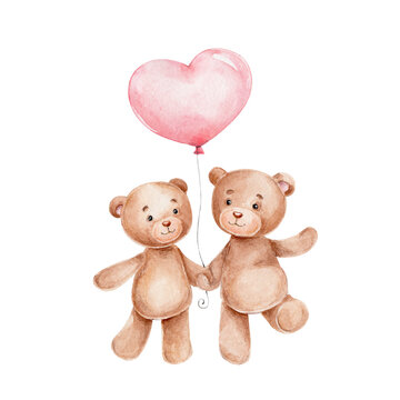 Bears couple and pink heart balloon; watercolor hand drawn illustration; can be used for poster or card; with white isolated background
