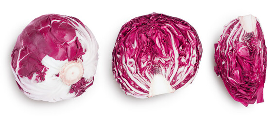 Fresh red radicchio salad isolated on white background with clipping path and full depth of field. Top view. Flat lay