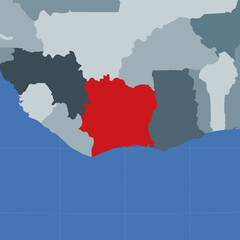 Shape of the Ivory Coast in context of neighbour countries. Country highlighted with red color on world map. Ivory Coast map template. Vector illustration.