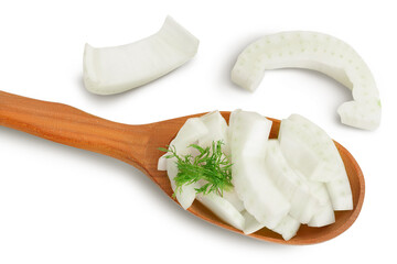 fresh fennel bulb slices in wooden spoon isolated on white background with clipping path . Top view. Flat lay