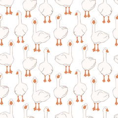 Hand-drawn white geese isolated on white background. Seamless pattern. Cute farm birds. Suitable for children's textiles, packaging design, bed linen.