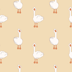 Cute white goose. Stylized farm bird. Seamless pattern background. Suitable for children's textiles, wrapping paper, packaging design, bed linen.