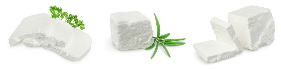 Feta cheese isolated on white background. With full depth of field. Set or collection