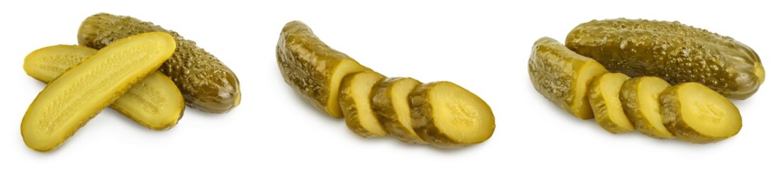 Marinated pickled cucumber isolated on white background with full depth of field. Set or collection