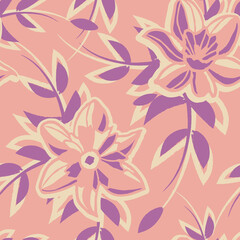 Vector ecru pink violet flowers seamless pattern 