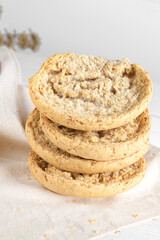 Tipical bakery of Puglia dry bread called friselle. Classical apulian frise made in Salento by wholegrain weat. Healthy vegetarian food