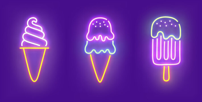 Ice cream neon icon, bright signboard, light banner. Ice cream neon icons set, emblem. Vector illustration