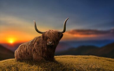 Large highland cattle in a meadow in top of a hill. Beautiful dramatic scenery. - obrazy, fototapety, plakaty