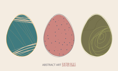Simple easter egg icons. Vectorized, flat style illustration, abstract hand drawn and muted colors. 3 set eggs with lined strokes and geometric elements. Multi colored in blue, pink and green.