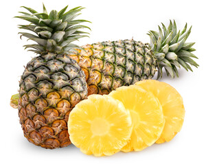 Pineapple fruit with slice isolated on white background, Fresh Pineapple on White Background With clipping path.