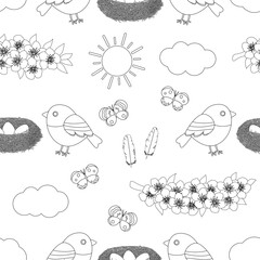 Seamless pattern spring black and white colors vector illustration. Flowers birds nest insects clouds sun	
