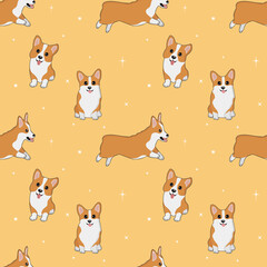 Seamless corgi pattern. Cartoon home pet, set of cute puppies for print, posters and postcard. Vector corgi animal background. Funny little doggy