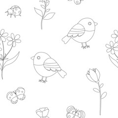 Seamless pattern spring black and white colors flowers birds insects vector illustration