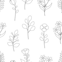 Seamless pattern spring black and white colors plants flowers leaves vector illustration	
