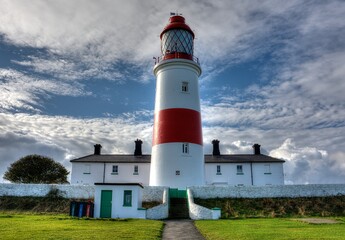 Fototapeta na wymiar Souter Lighthouse on South Tyneside coastline, at Lizard Point above the Magnesian Limestone Cliffs