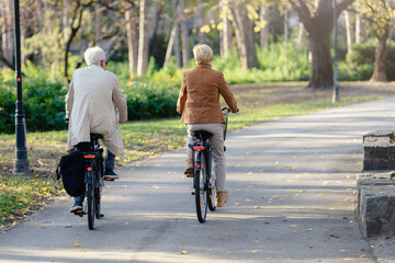 Older caucasian couple riding bicycles through the public park together. Back view