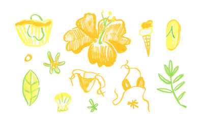 Set of summer illustrations drawn with wax crayons in children's style.Tropical vacation collection made with pastel pencils on white isolated doodle style background.Designs for postcards, posters.