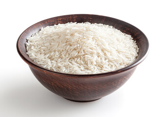 Fototapeta na wymiar Uncooked jasmine rice in ceramic bowl isolated on white background
