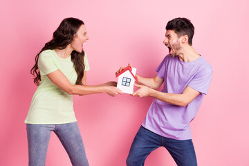Portrait of attractive angry crazy couple fighting sharing home private property isolated over pink...