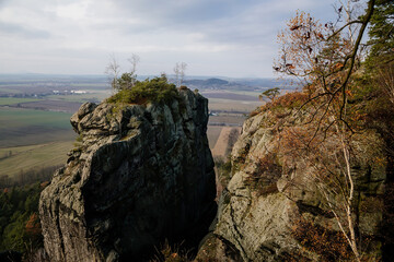 Ruins of the rock castle Drabske svetnicky, sandstone formations at protected area, sunny day, blue sky, autumn landscape, Hiking Golden Trail of Bohemian Paradise, Czech Republic