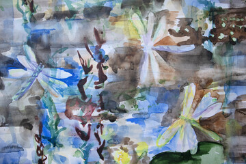 Fresh water river inhabitants. Watercolor painting dragonflies on river bottom silt background.