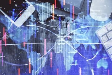 Double exposure of business theme hologram over desktop with phone. Top view. Mobile international trade connection concept.