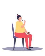 A pregnant woman is enjoying a dessert. A pregnant woman sits on a chair and eats a cake. It is impossible to deny yourself the pleasure. Flat vector illustration.