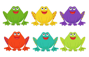 Cute cartoon frogs. Vector amphibian animal characters set isolated on white. Green froggy collection. Different color frog. Red, violet, yellow, blue, green croaking animals . Hand drawn little frogs