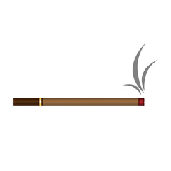 Vector illustration of a burning brown cigarette with a dark filter on a white isolated background. Flat realistic design. For various purposes of design.