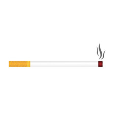 Vector illustration of a burning cigarette with a yellow filter on a white isolated background. Flat realistic design. For various purposes of design.