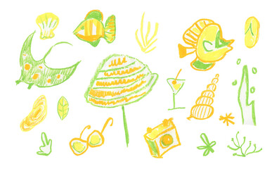 Set of summer illustrations drawn with wax crayons in children's style.Tropical vacation collection:stingray,fish,umbrella,cocktail made with pastel pencils on white isolated doodle style background.