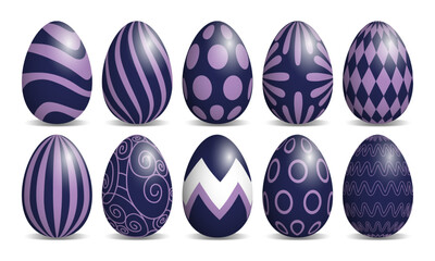 Set of purple and violet easter eggs isolated on white