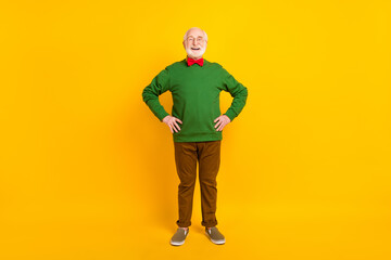 Full length photo of sweet confident mature man dressed pullover bow tie glasses arms waist smiling...