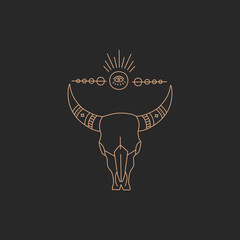 Magic bull skull, geometric shape gold simple contour line in boho style on black background, modern trendy hand drawn vector witch symbol and mystic design element, doodle flat shape illustration