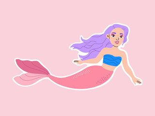 Cute little mermaid sticker, magical funny princess character, hand drawn pretty girl, purple hair and pink tail badge in flat cartoon style, underwater concept, modern trendy illustration isolated