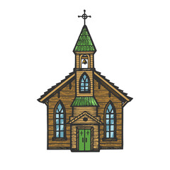 Old wooden church chapel color sketch engraving vector illustration. Scratch board style imitation. Hand drawn image.