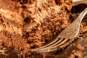 Chocolate cake and a metal fork. Close-up, selective focus.