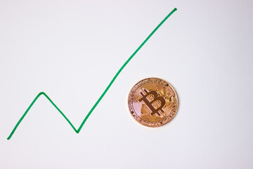 Physical bitcoin coin. Bitcoin on white background. Bitcoin cryptocurrency on white canvas.