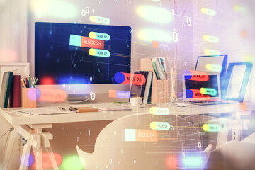 Double exposure of data theme drawing and office interior background. Concept of technology.