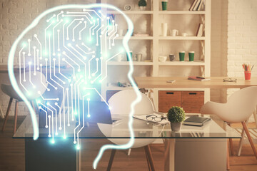 Double exposure of brain drawing and office interior background. Concept of data technology.