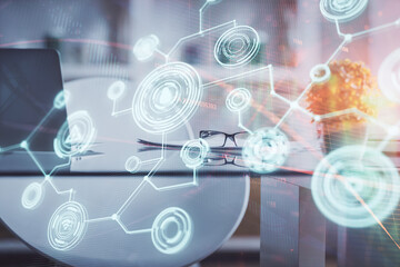 Double exposure of social network theme drawing and office interior background. Concept of web.