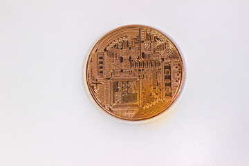 Physical bitcoin coin. Bitcoin on white background. Bitcoin cryptocurrency on white canvas.