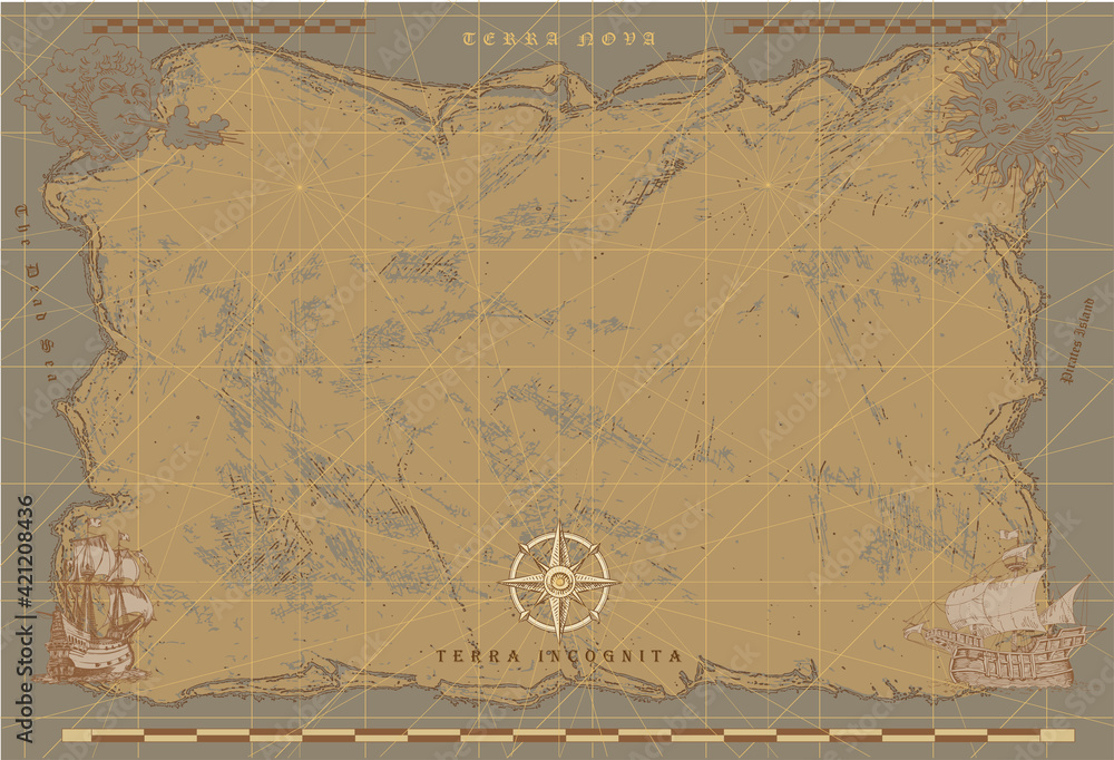 Poster vector image of an old sea map in the style of medieval engravings