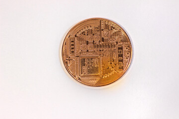 Physical bitcoin coin. Bitcoin on white background. Bitcoin cryptocurrency on white canvas.