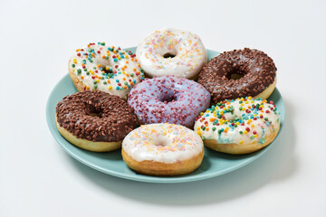 Stop Eating Sugar. Close up shot of various colourful round glazed donuts with sprinkles on the plate over white background
