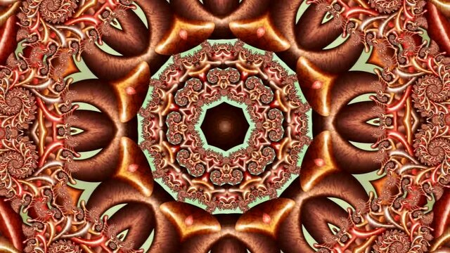 animation of a vintage abstract background consisting of an intricate mandala-shaped figure that transforms in a kaleidoscopic order on a green background