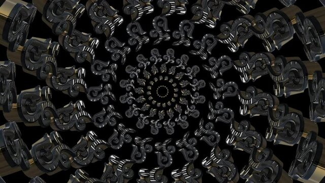 Russian pattern. 3D shapes laid out in circles. Gold and silver. Slowly float in from the center. 3D kaleidoscope.