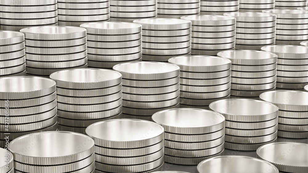 Poster background silver coins rows as a step up. 3d rendering illustration image.