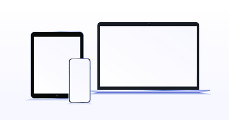 Modern devices with blank screens. Laptop smartphone and tablet mockup with blank screen isolated on background. Concept. Vector illustration 
