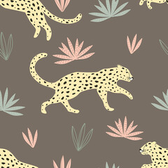 Seamless pattern with cheetah animals and decorative elements on a colored background. Vector illustration for printing on fabric, postcard, poster, packaging paper, clothing. Cute baby background.